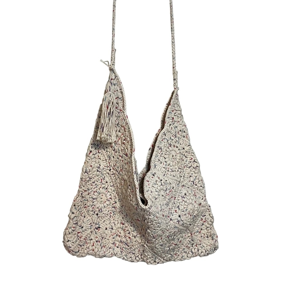 Handmade Crochet Boho Hobo Bag Cream Confetti Floral Sunburst Tassel Tote